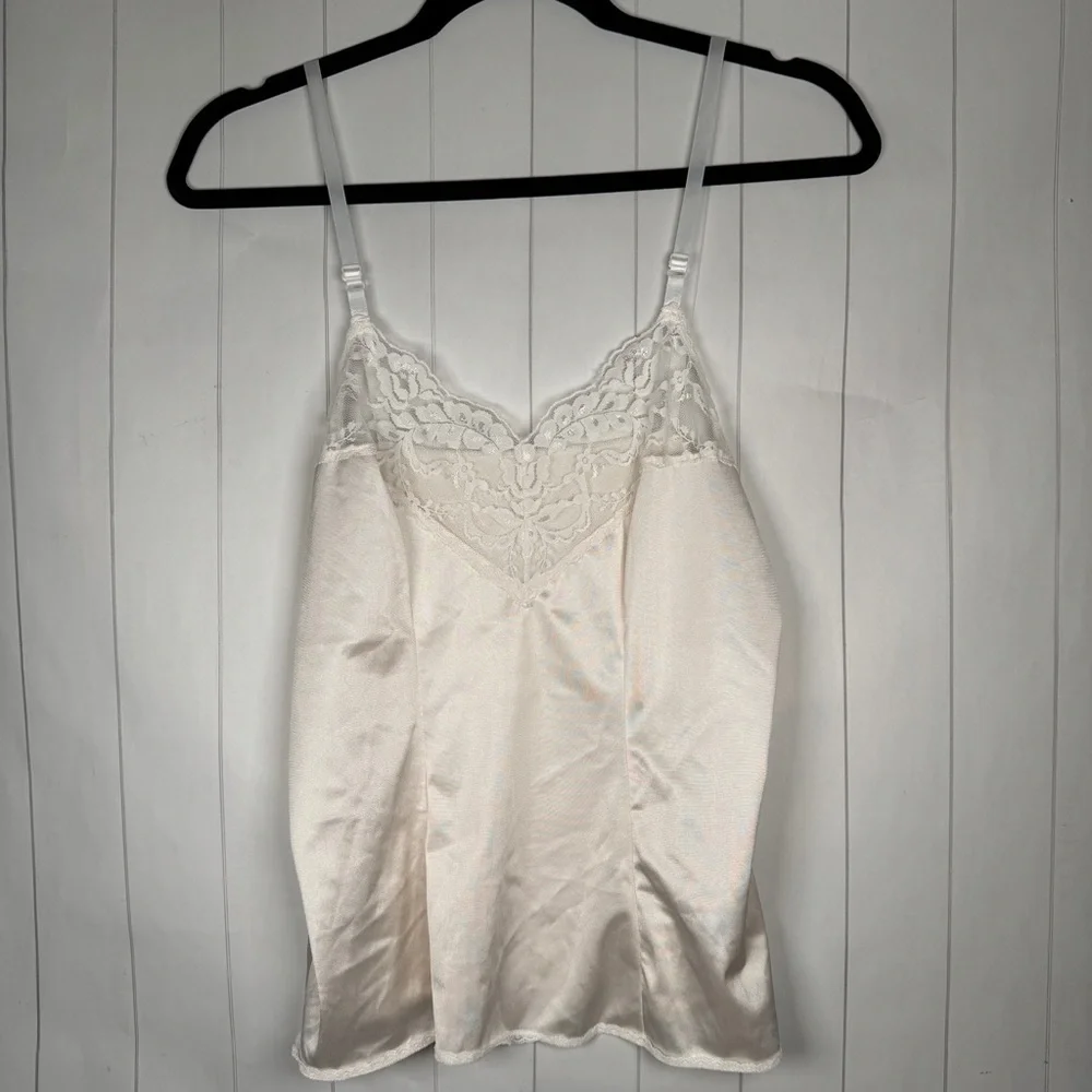 VTG 80s Vassarette Ivory Satin Cami Tank Lace Trim Camisole Boudoir‎ Lingerie M